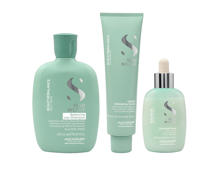 Semi di Lino Set Balancing Low Shampoo, Exfoliating Scrub e Calming Tonic